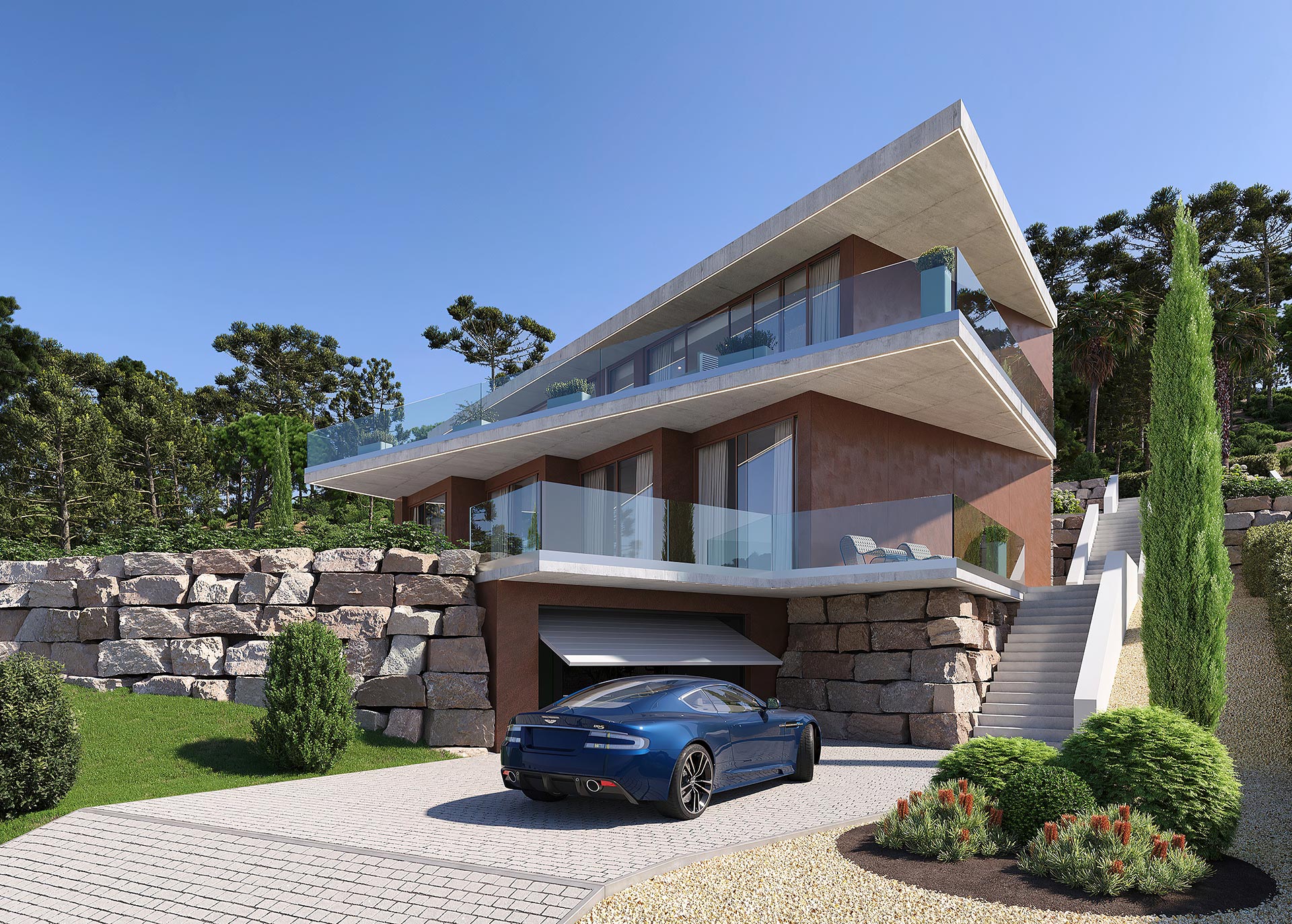 Luxury Hillside Villa - Exterior 3D Rendering