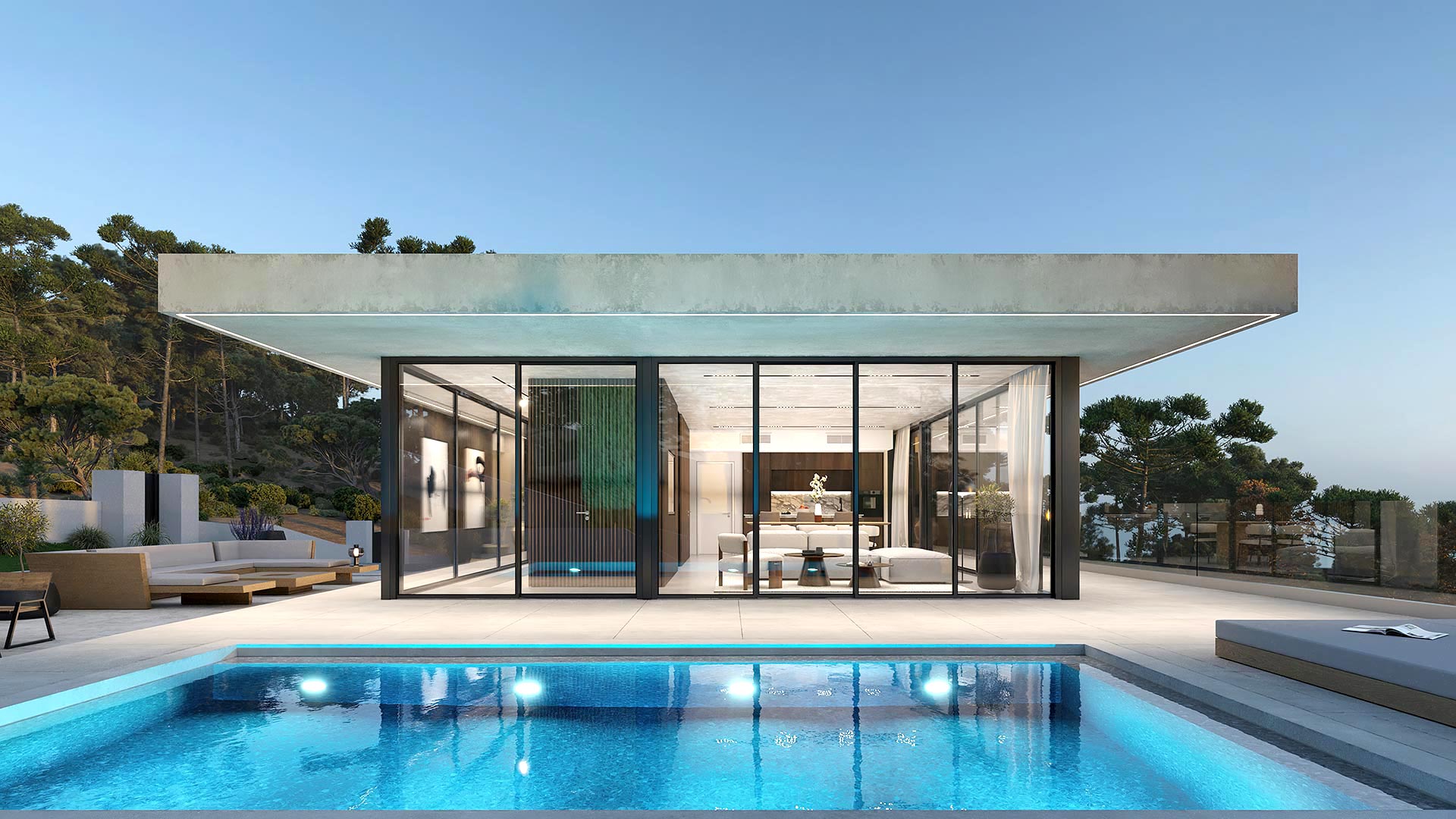 Modern Villa with Pool - Dusk 3D Rendering