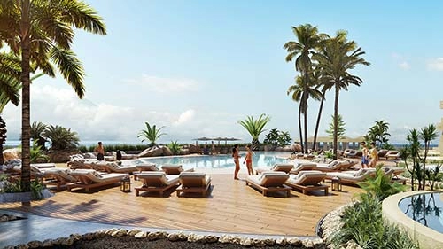 Hotel Pool by the Ocean - 3D Rendering
