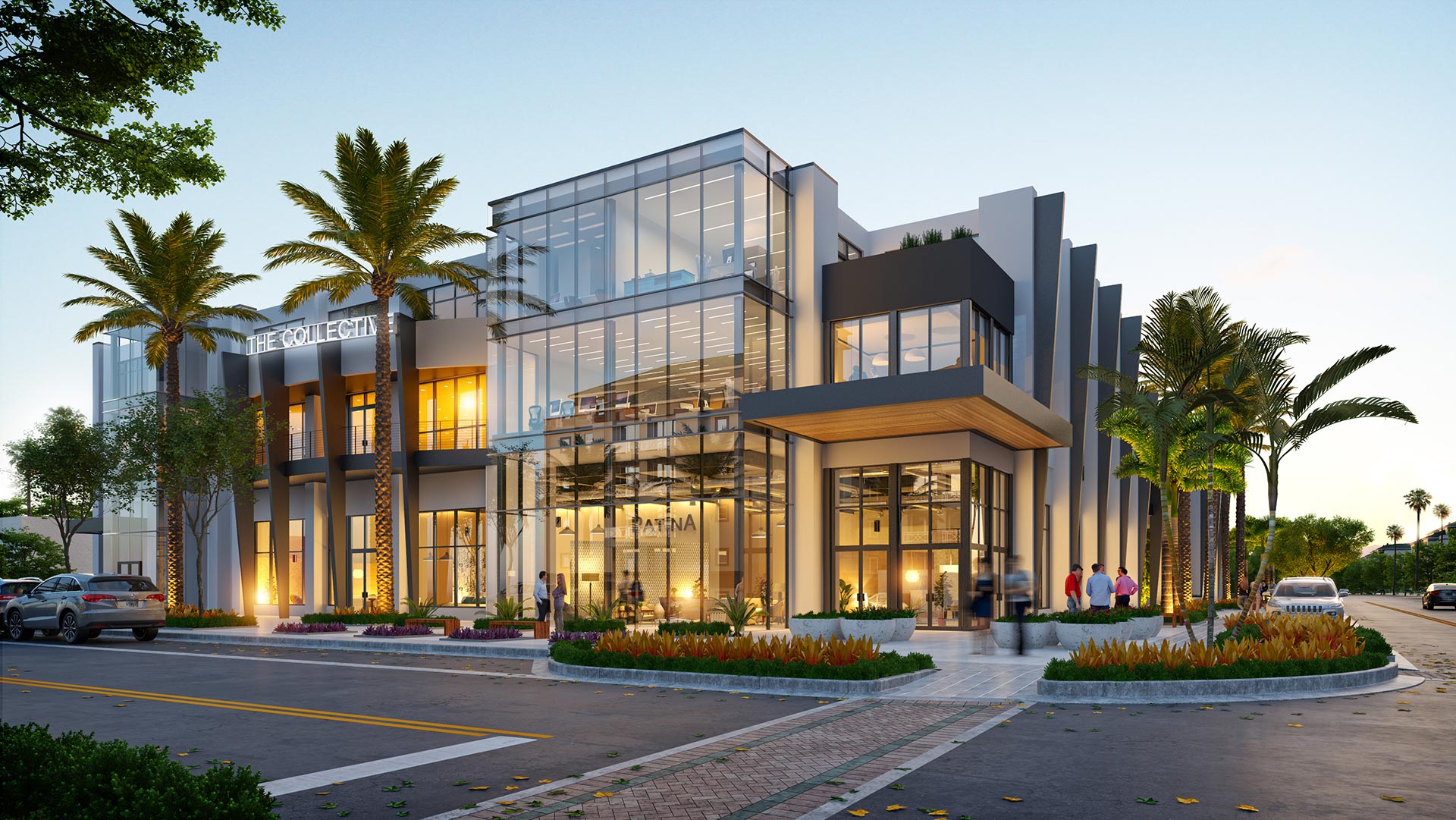 Retail & Office Building - Dusk 3D Rendering