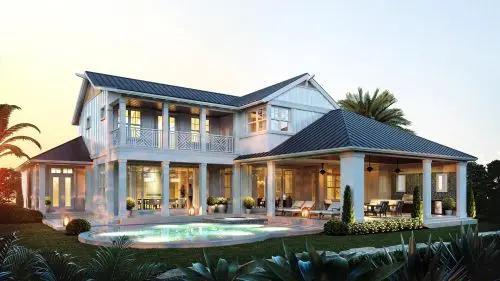 Hamptons Style House at Dusk - Exterior 3D Rendering